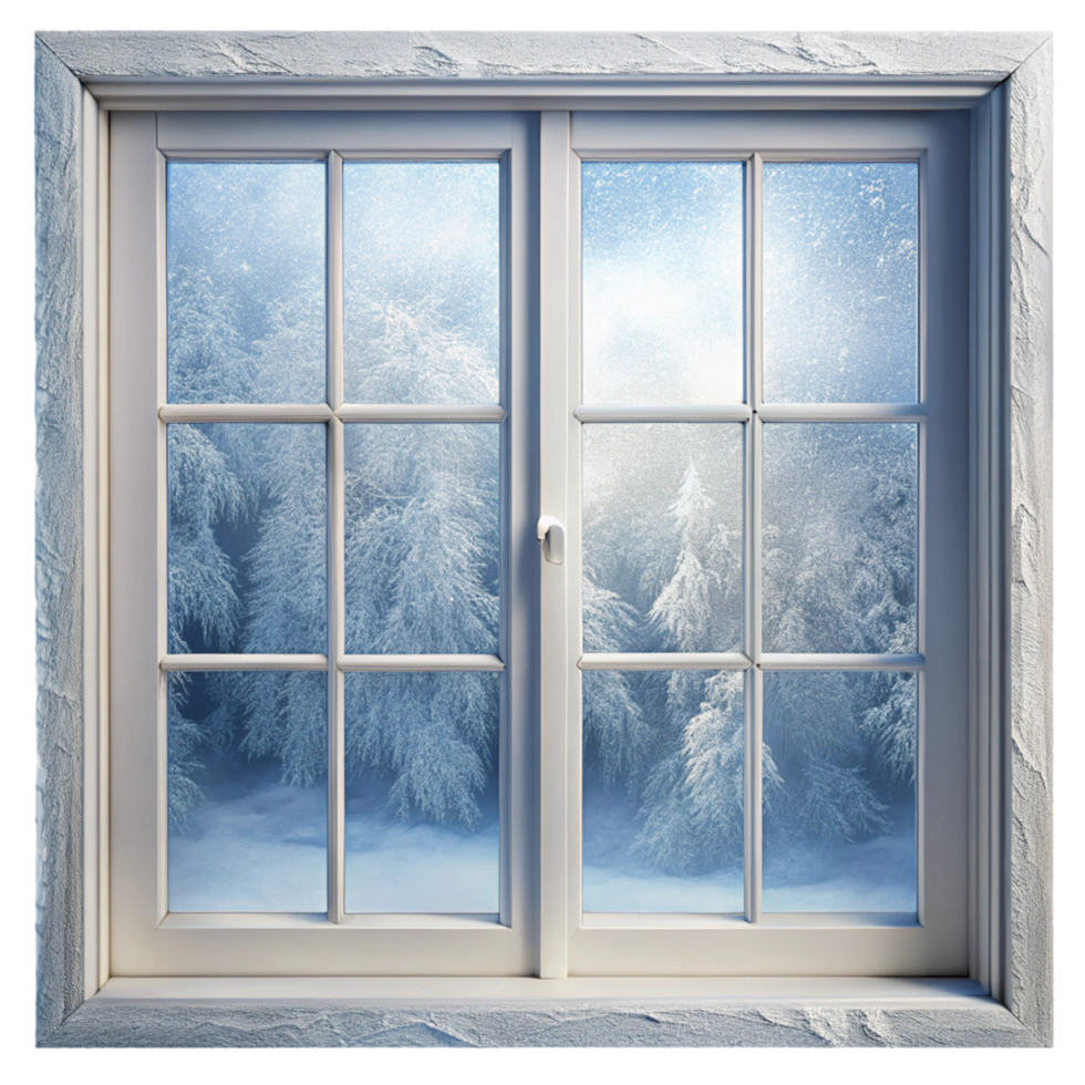 Calm and chilly winter morning seen through a frosty, snow covered window pane png