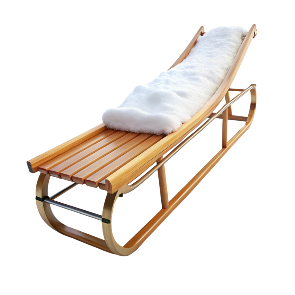 Wooden sled with cushioned seating, ideal for a snow covered hill ride, displayed in a serene winter setting png