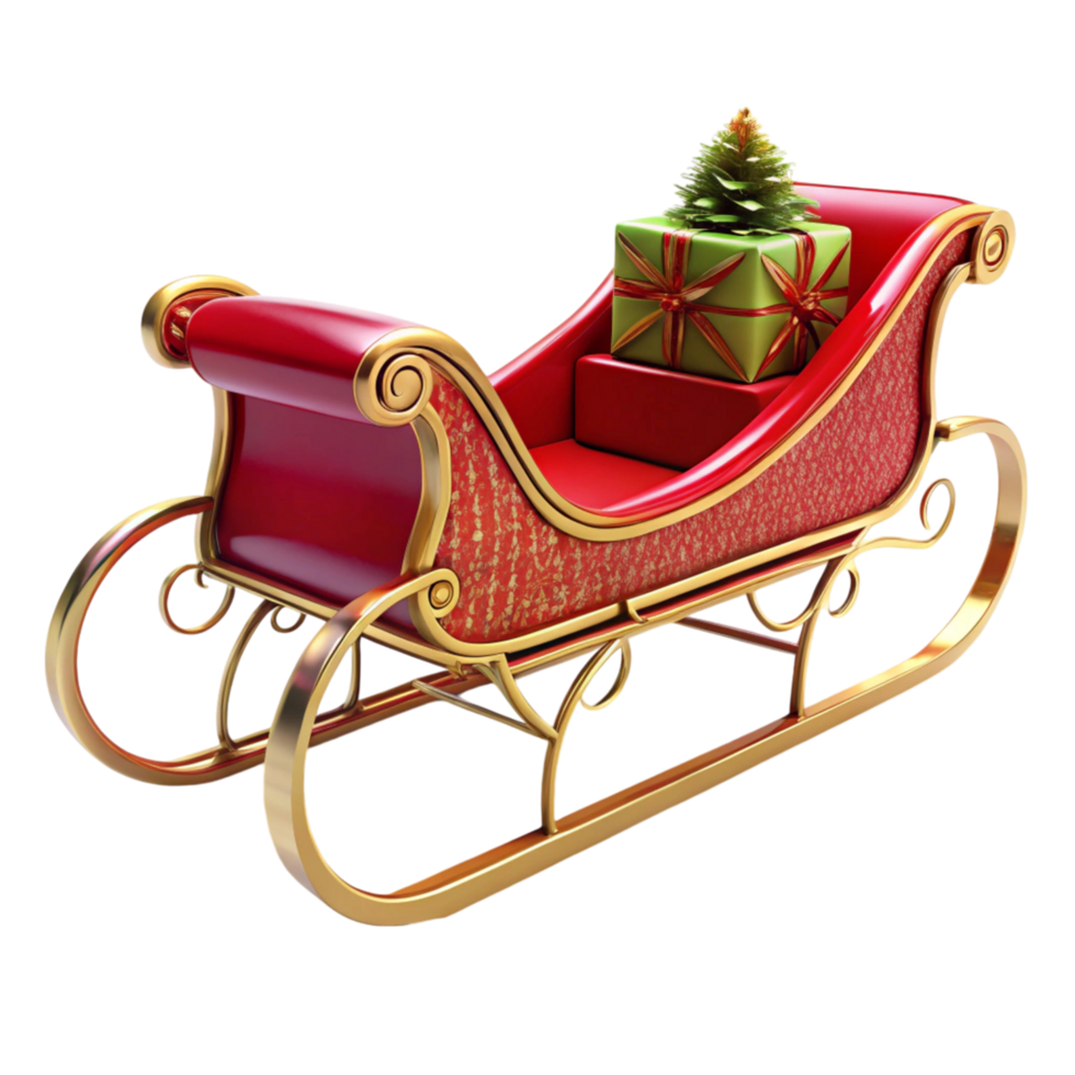 Elegant red and gold Christmas sleigh with presents and festive decor isolated on Transparent Background png