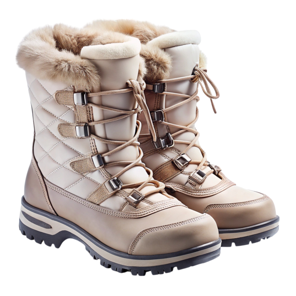 Warm and stylish snow boots with fur lining and lace up design perfect for winter trekking and cold weather condition png