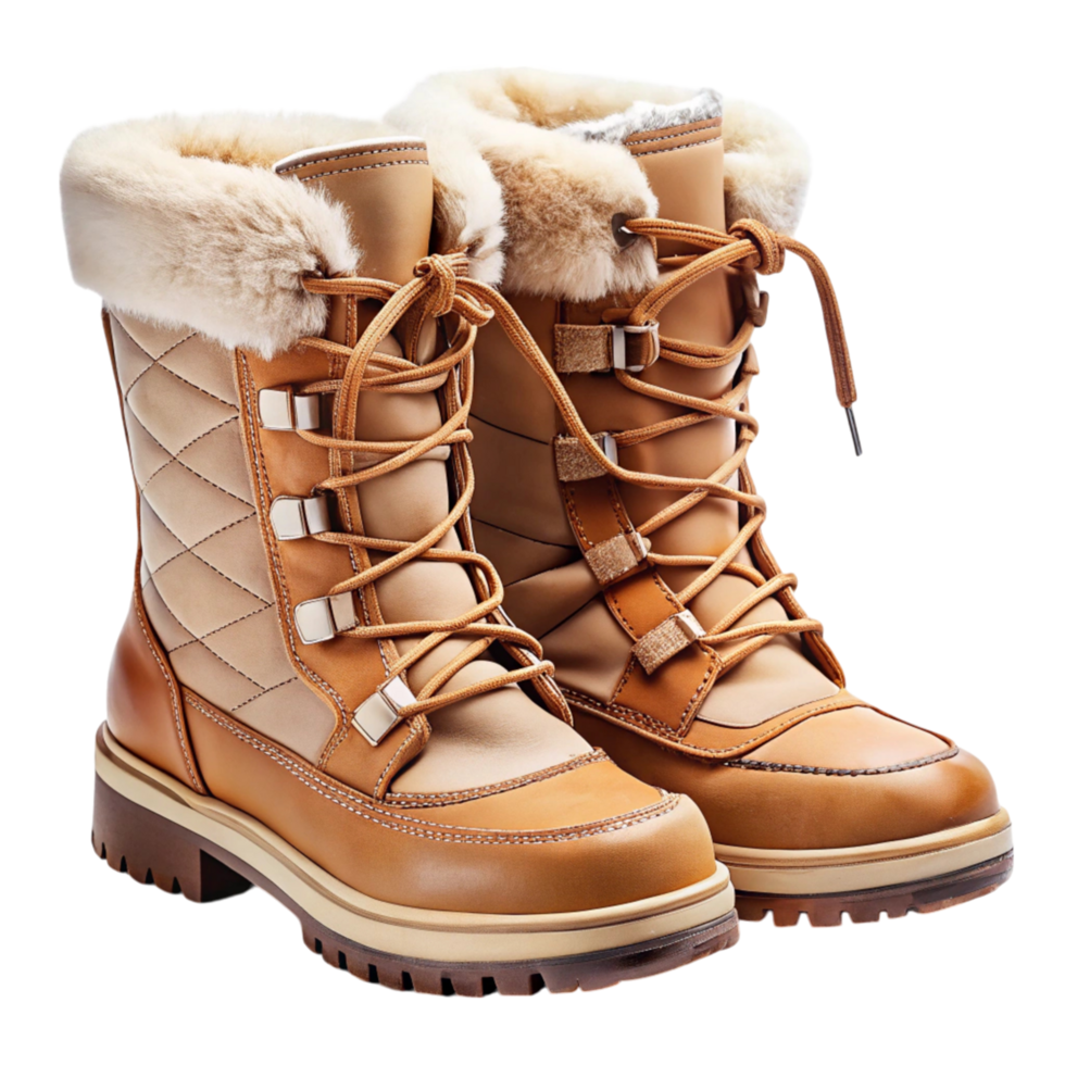 Pair of insulated brown leather boots with soft fur lining for cold weather on a Transparent Background png
