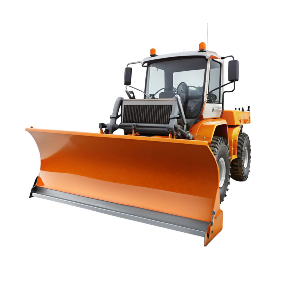 Robust snowplow vehicle with bright orange blade for clearing heavy snow from streets and driveways png
