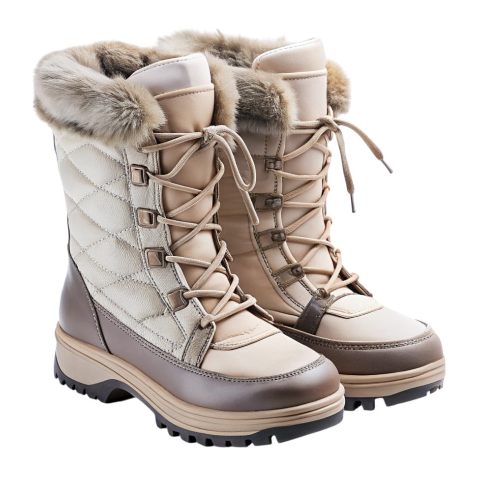 Cozy brown winter boots with durable leather, soft fur lining, and lace up design on Transparent Background png