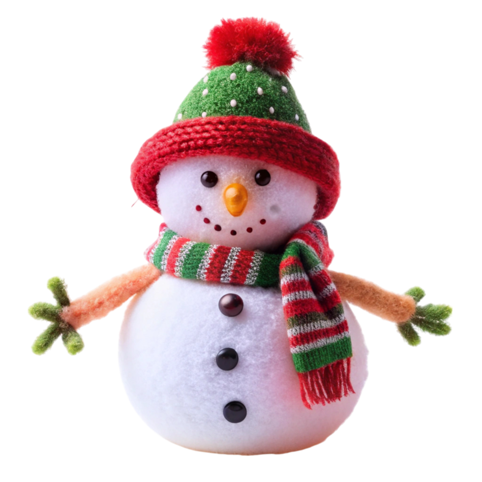 Adorable snowman with a knitted red hat and striped scarf, perfect for festive winter decor and holiday themes png