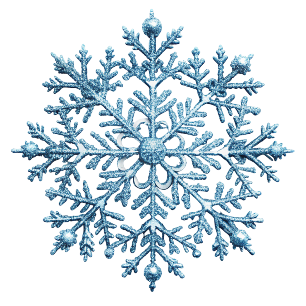 Beautifully crafted blue snowflake decoration with glittery finish against a clean Transparent Background png