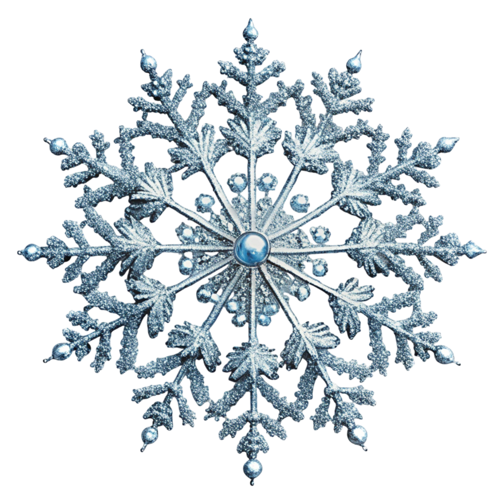 Elegant blue snowflake ornament with intricate design and detailed patterns on a Transparent Background png