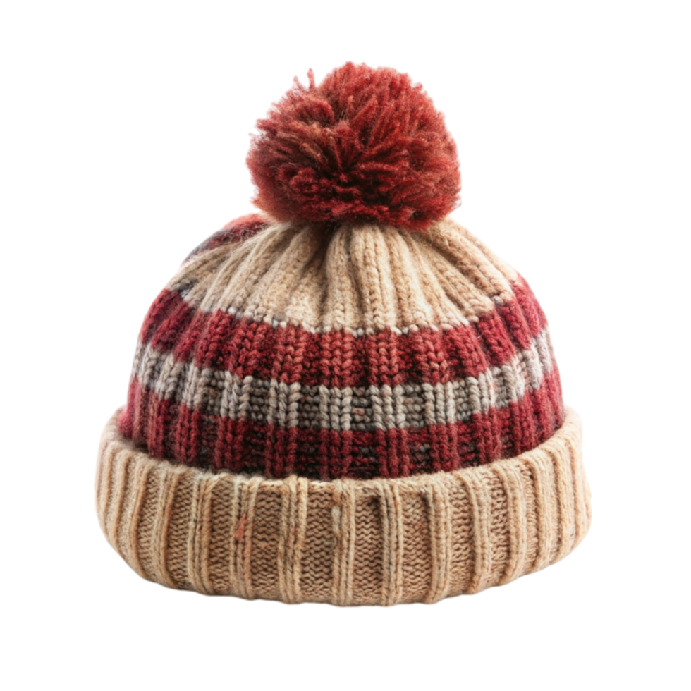 Striped woolen beanie with pom pom, combining warmth, style, and a colorful touch for cold weather outfits png
