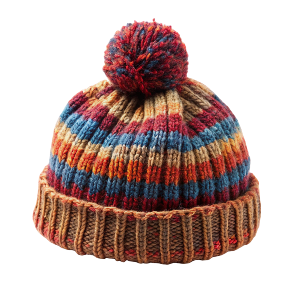 Warm woolen knit hat with colorful stripes and a pom pom, perfect for winter weather and adding a touch of cozy style png