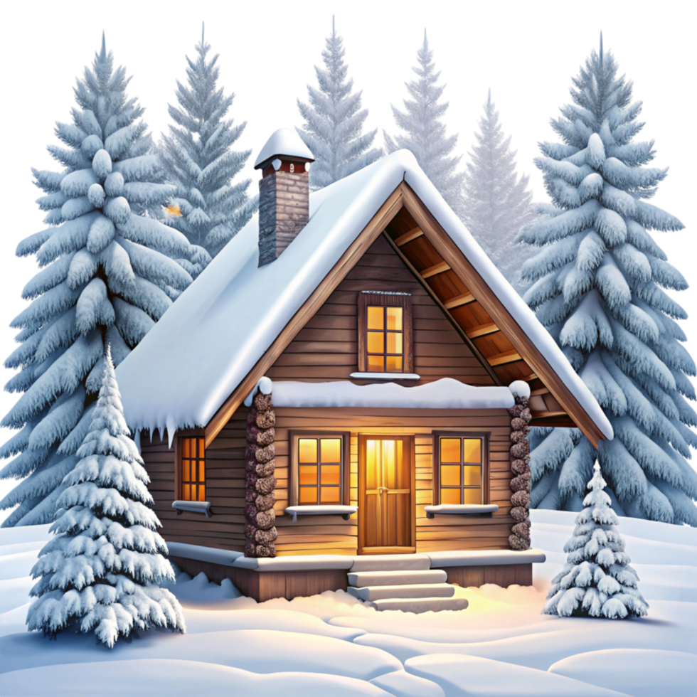 Charming snow covered cabin with a frosty roof, set against a backdrop of tall evergreen trees under a clear winter sky png