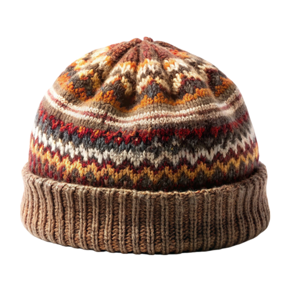 Vibrant woolen winter hat with detailed patterns, blending warmth and fashion with a traditional knitted design png