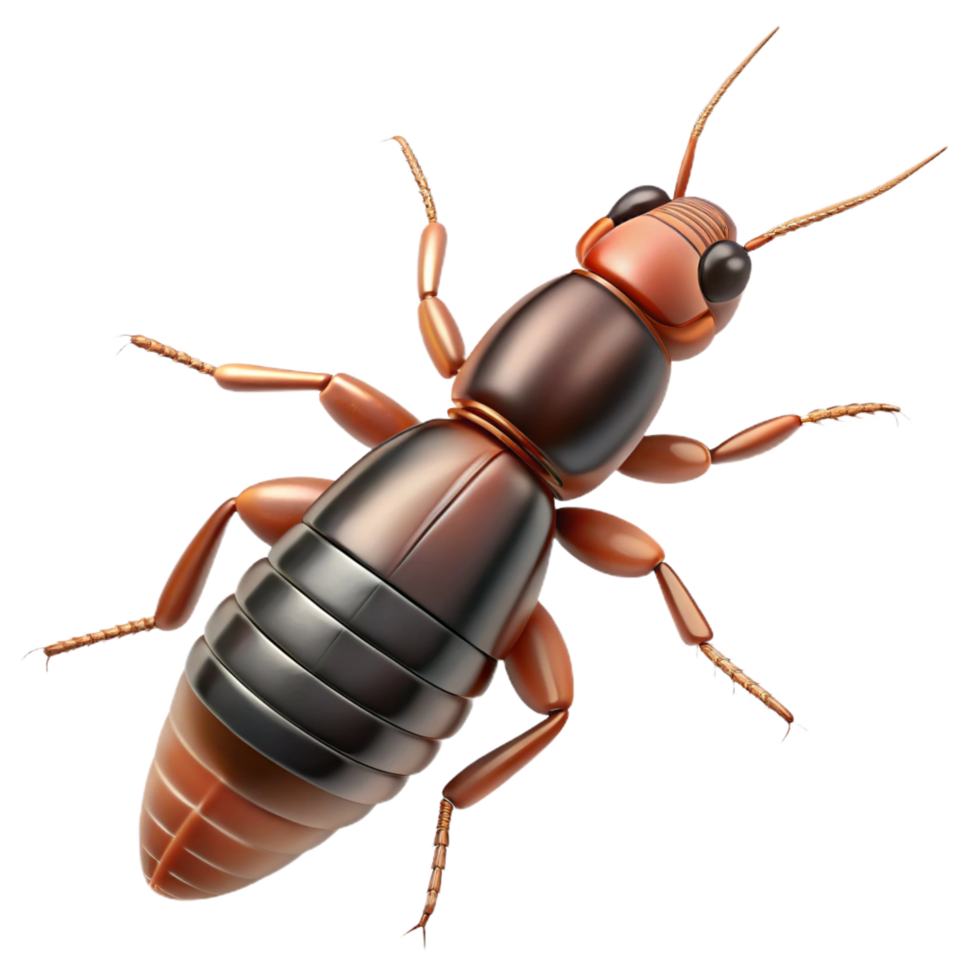 captivating passionate gothic Earwig, cerci pincers at the abdomen tip, detailebody, top-down view, soft lighting, minimalist, with transparent background,high-resolution product photography 4K png