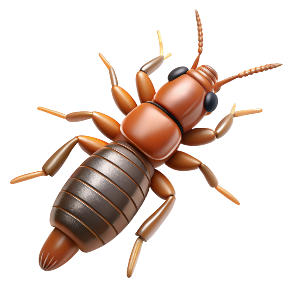 passionate immaculate Earwig, cerci pincers at the abdomen tip, detailebody, top-down view, soft lighting, minimalist, with transparent background,high-resolution product photography exclusive png