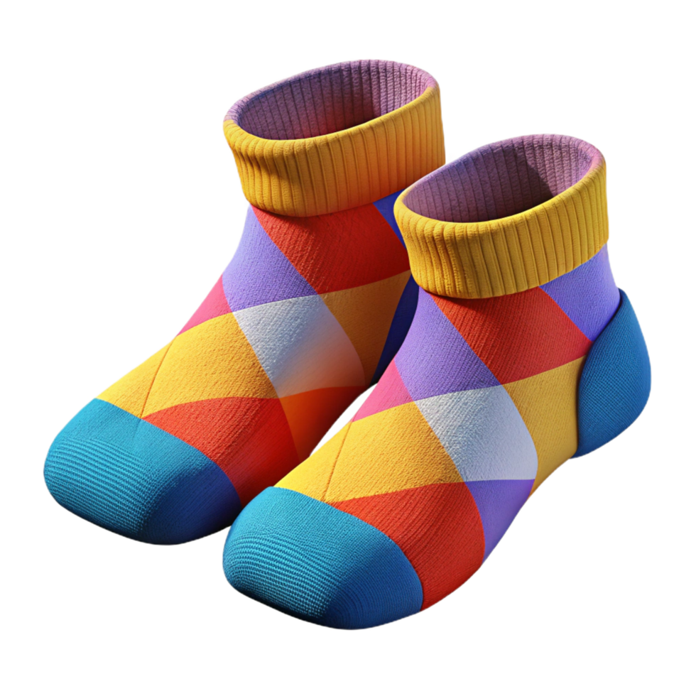 captivating quintessential A pair of colorful knittesocks with a geometric pattern, soft yarn, studio lighting, top-down view, isolateon transparent background,high-resolution product photography png