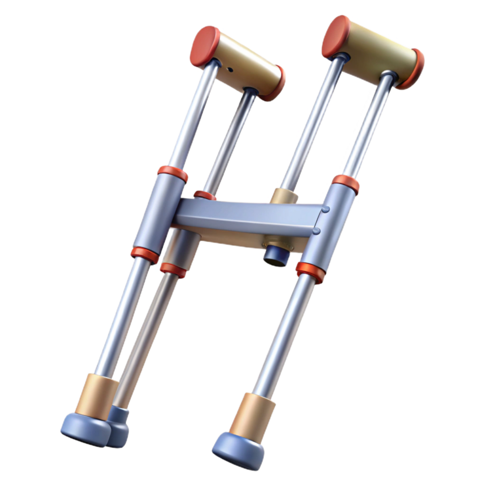 vibrant exceptional Crutches, adjustable height, rubber tips, aluminum frame, render, studio lighting, front view, isolateon transparent background,high-resolution product photography png