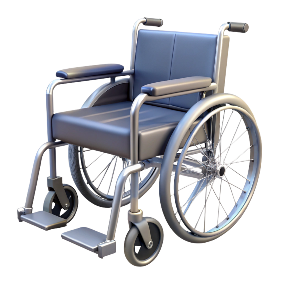 magnificent rare Wheelchair, foldable, with footrests anarmrests, metallic frame, fabric seat, render, soft lighting, isolateon transparent background,high-resolution product photography png