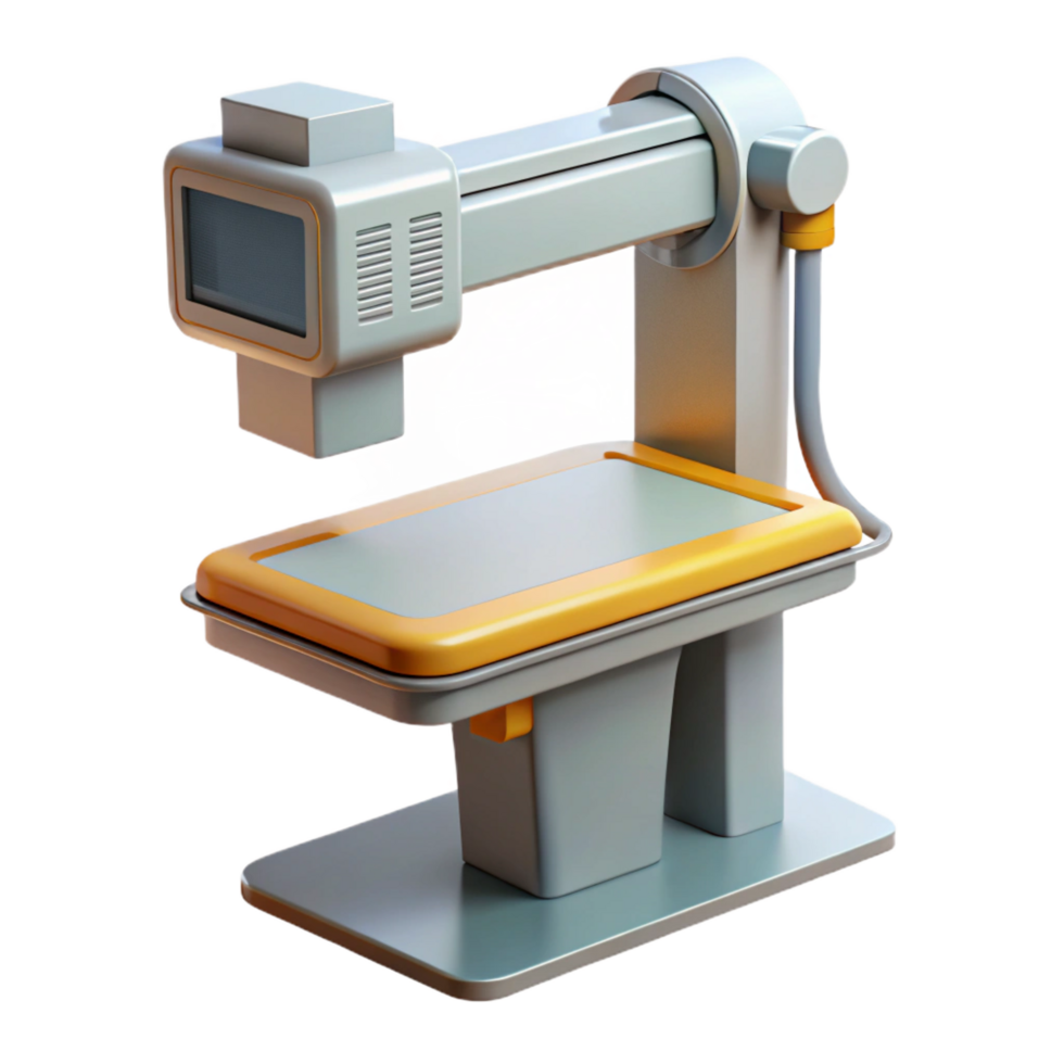 distinguisheclassic X-ray machine, adjustable arm, digital display panel, render, studio lighting, side view, isolateon transparent background,high-resolution product photography 8K png