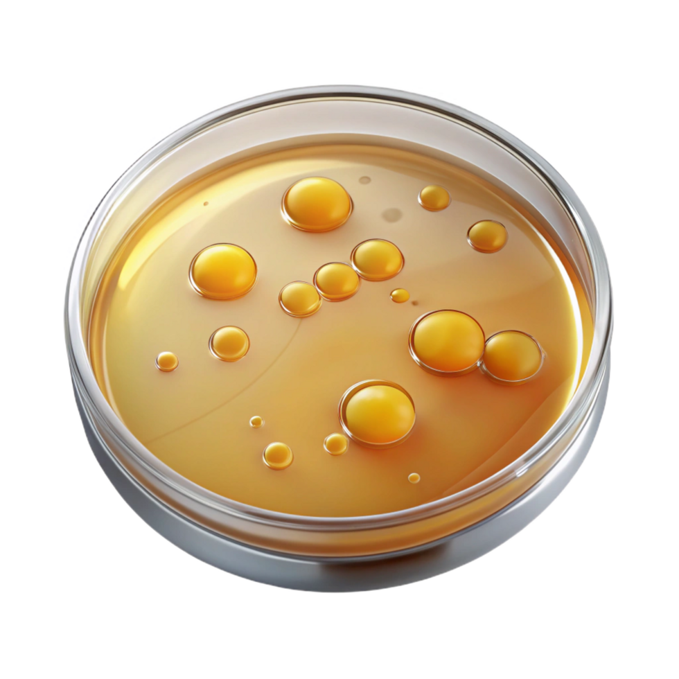 celebrateindustrial Petri dish with agar anvisible bacterial colonies, studio lighting, top-down view, glass finish, isolateon transparent background,high-resolution product photography impeccable png