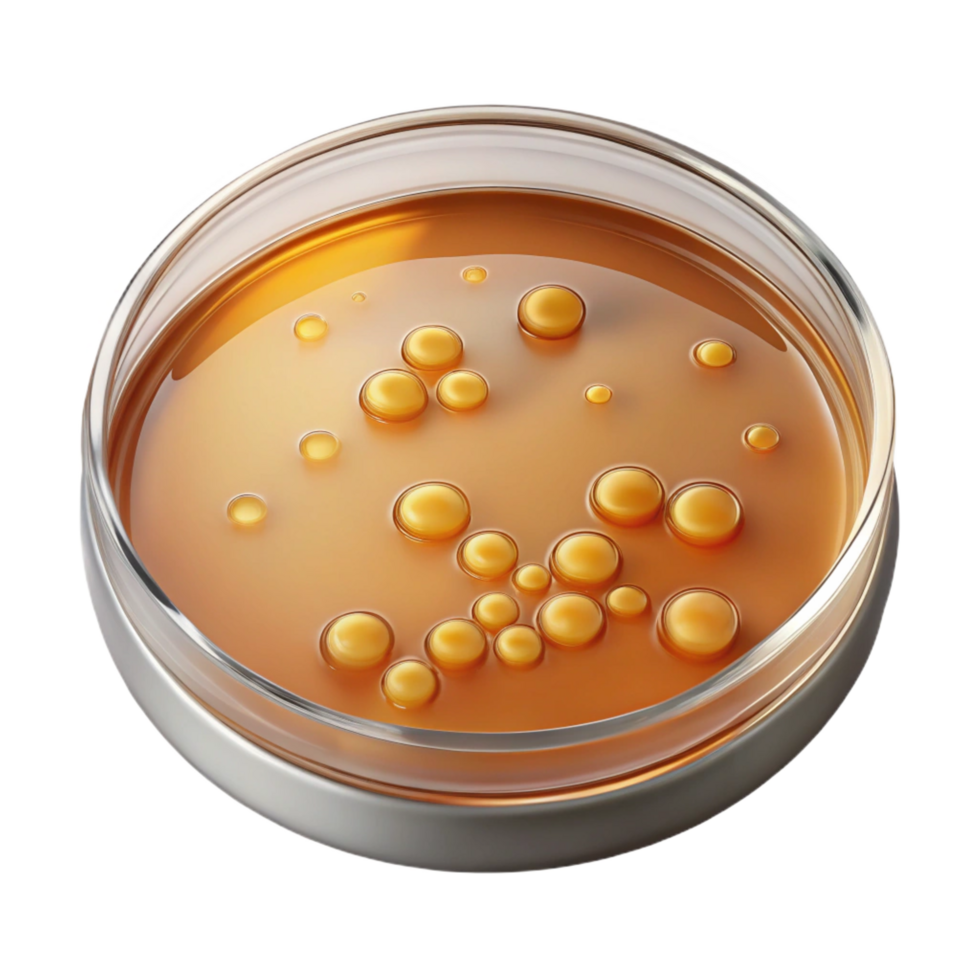 harmonious radiant Petri dish with agar anvisible bacterial colonies, studio lighting, top-down view, glass finish, isolateon transparent background,high-resolution product photography studio quality png