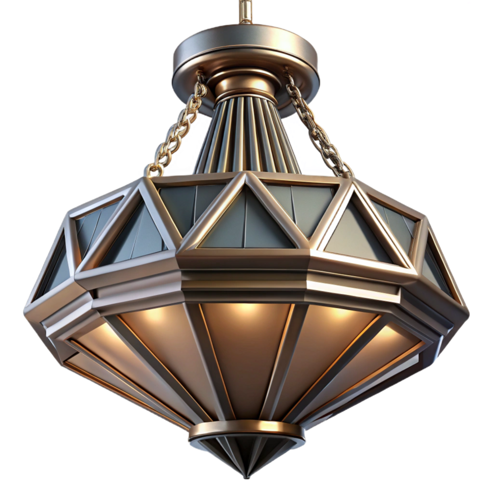 notable urban Art Deco chandelier with geometric shapes, metallic finish, dramatic lighting, bottom view, studio photography, isolateon transparent background,high-resolution product photography 8K png