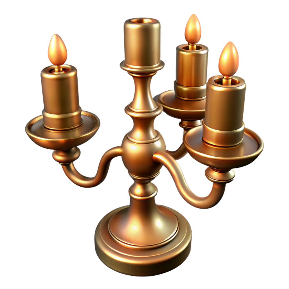 captivating distinguisheBrass candelabra with scrolling details, polishefinish, soft lighting, top-down view, studio photography, isolateon transparent background,high-resolution product photography png
