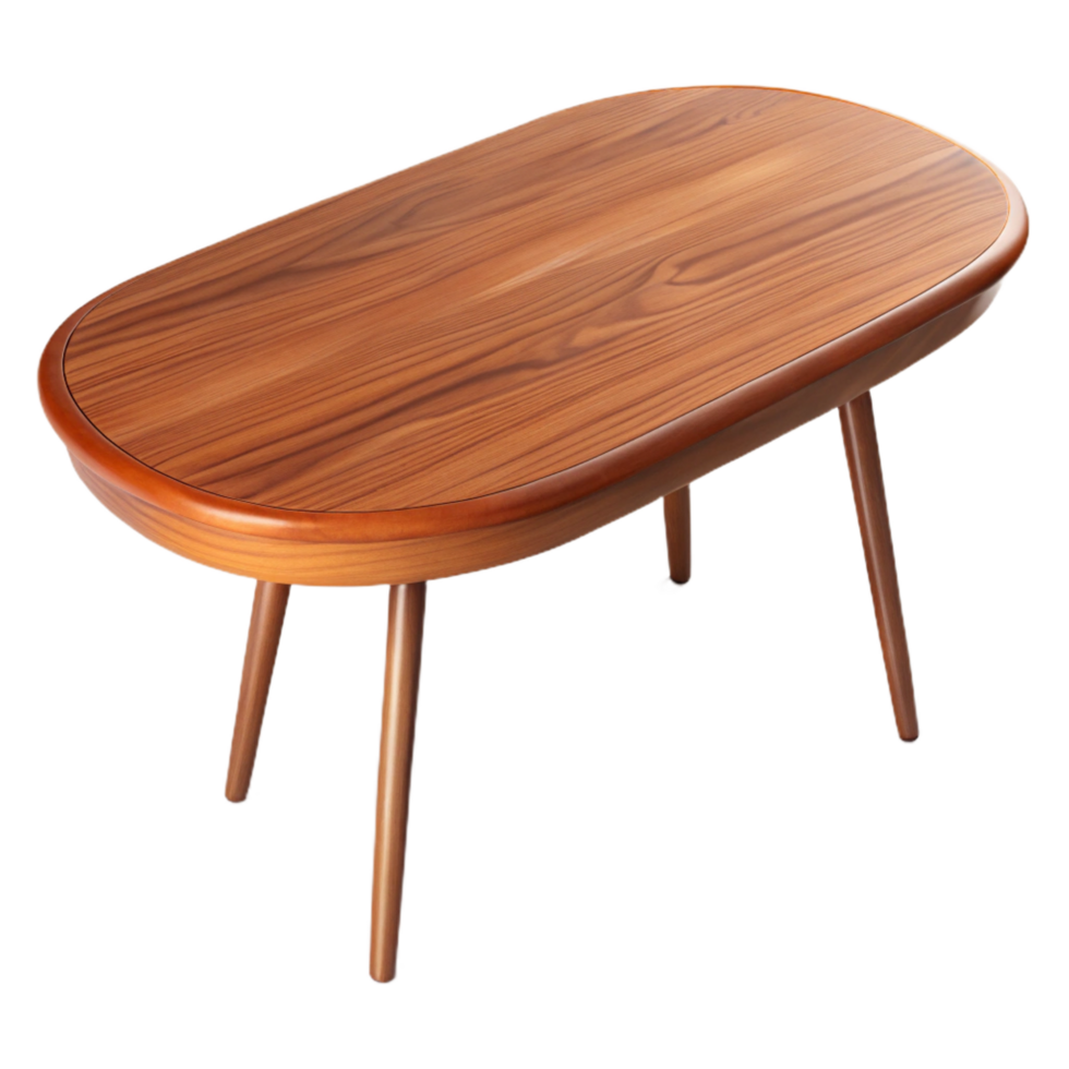 enchanting coveteMid-century modern coffee table, walnut wood, roundeedges, hairpin legs, soft lighting, top-down view, isolateon transparent background,high-resolution product photography png