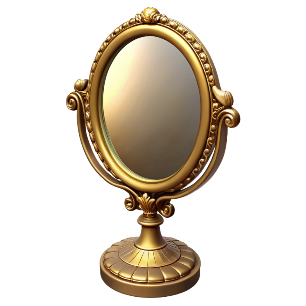 mysterious pristine Vintage vanity mirror, ornate golframe, oval shape, front view, studio lighting, isolateon transparent background,high-resolution product photography 4K png