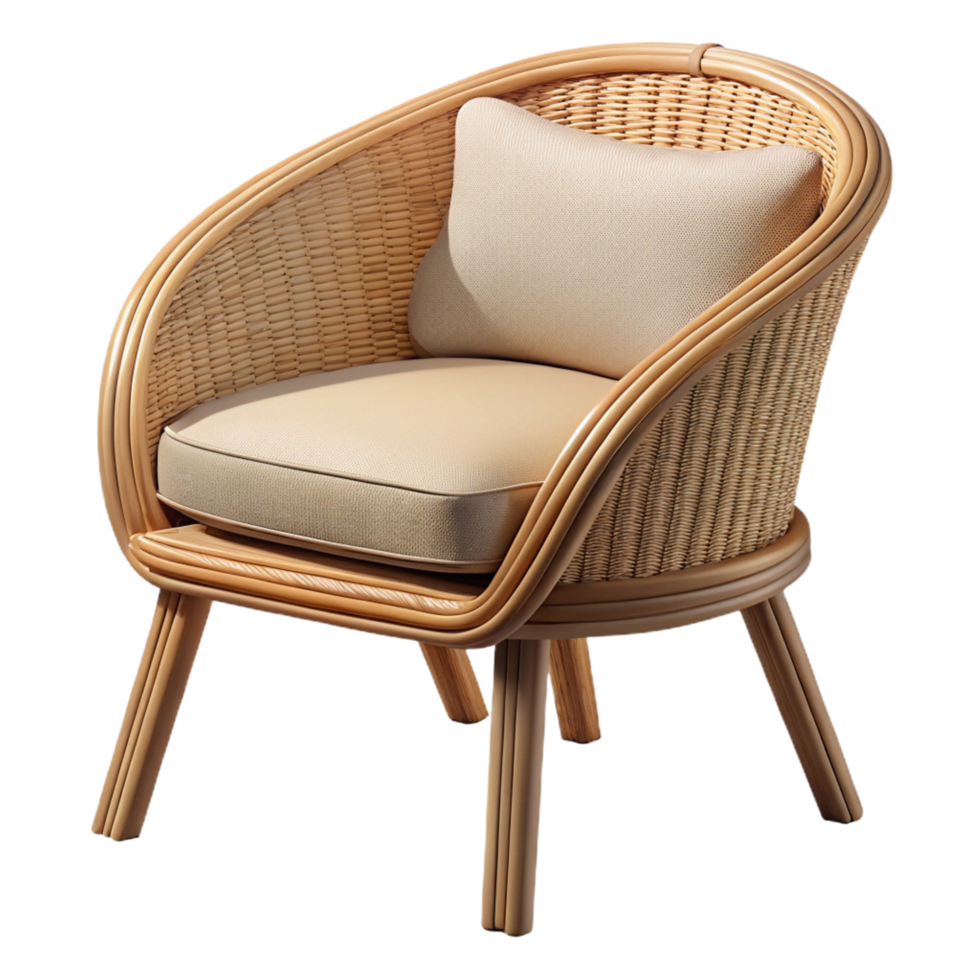 wonderful exceptional Wicker patio chair, natural beige color, curveback, side view, studio lighting, isolateon transparent background,high-resolution product photography png