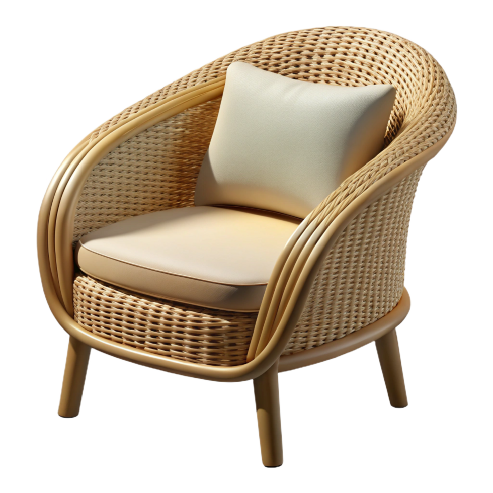 vibrant distinctive Wicker patio chair, natural beige color, curveback, side view, studio lighting, isolateon transparent background,high-resolution product photography png