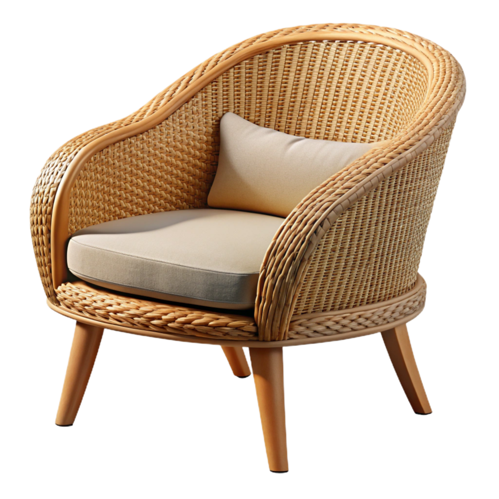 enchanting retro Wicker patio chair, natural beige color, curveback, side view, studio lighting, isolateon transparent background,high-resolution product photography impeccable png
