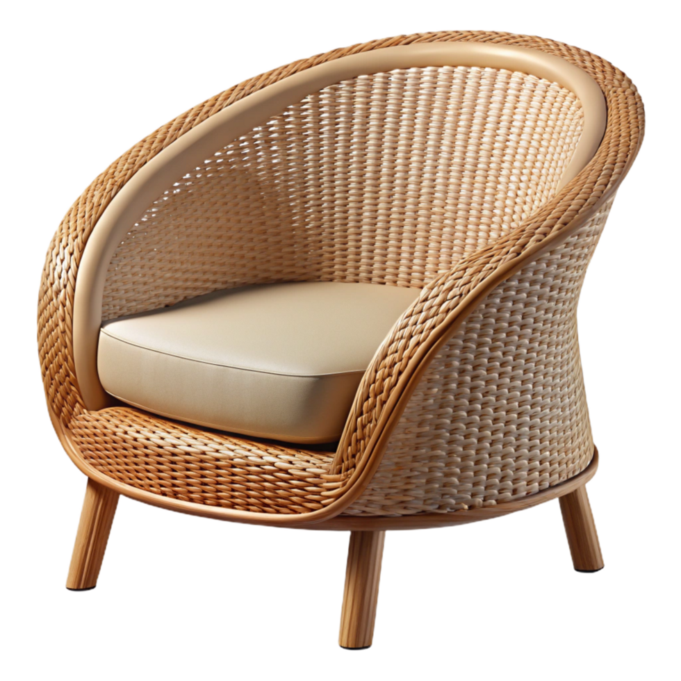 gorgeous victorian Wicker patio chair, natural beige color, curveback, side view, studio lighting, isolateon transparent background,high-resolution product photography exclusive png