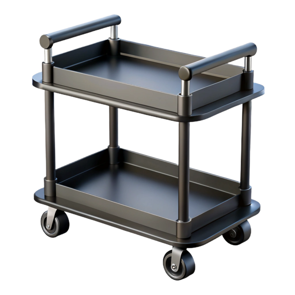 fascinating distinguisheIndustrial metal bar cart, black matte finish, two shelves, rolling wheels, side view, studio lighting, isolateon transparent background,high-resolution product photography png