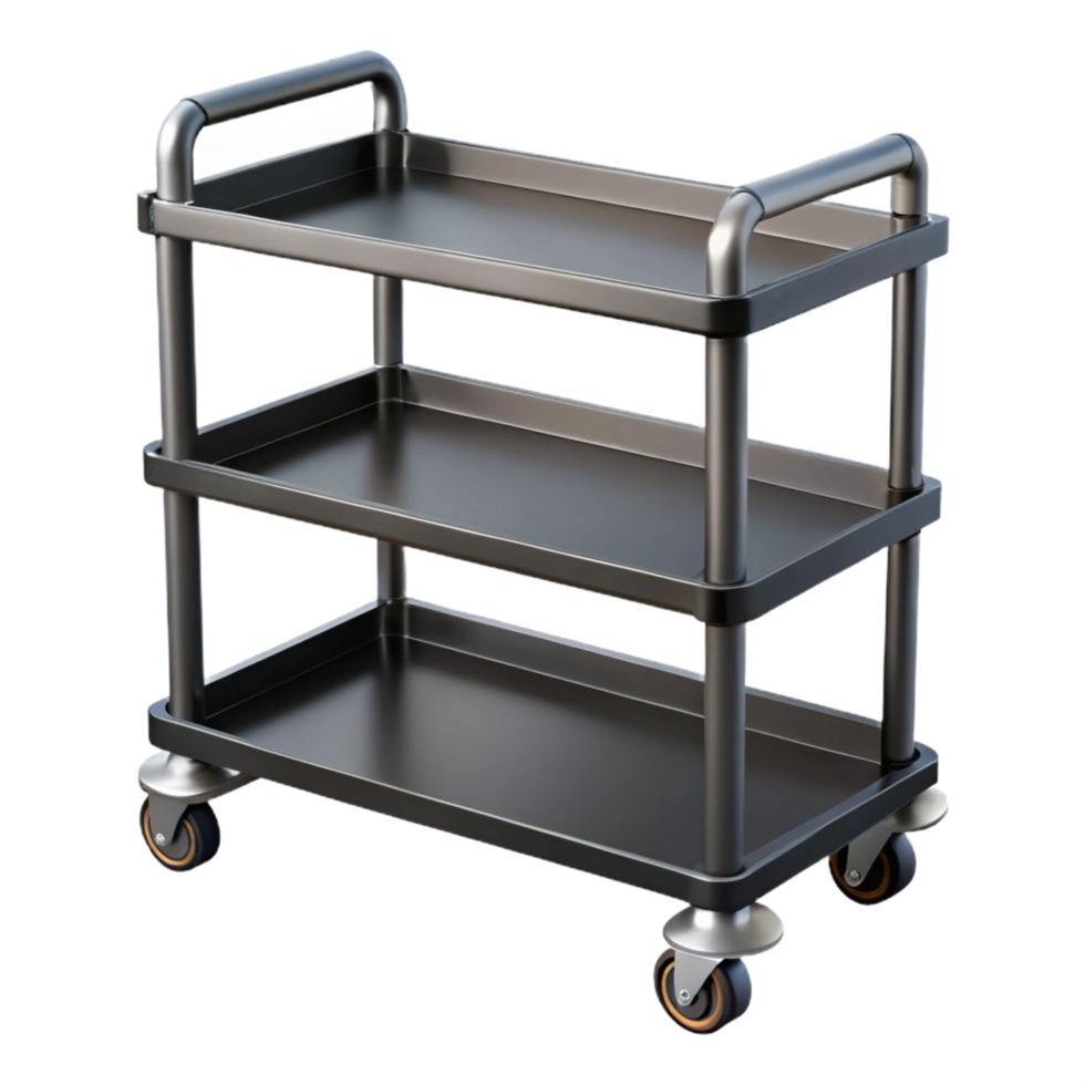 enchanting timeless Industrial metal bar cart, black matte finish, two shelves, rolling wheels, side view, studio lighting, isolateon transparent background,high-resolution product photography png
