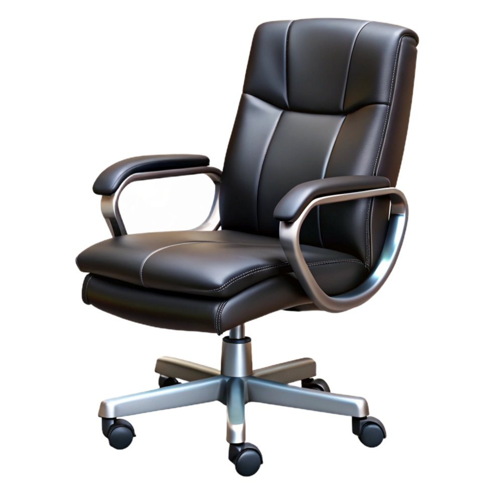 radiant remarkable Sleek black leather office chair, ergonomic design, chrome base, rolling wheels, side view, dramatic lighting, isolateon transparent background,high-resolution product photography png