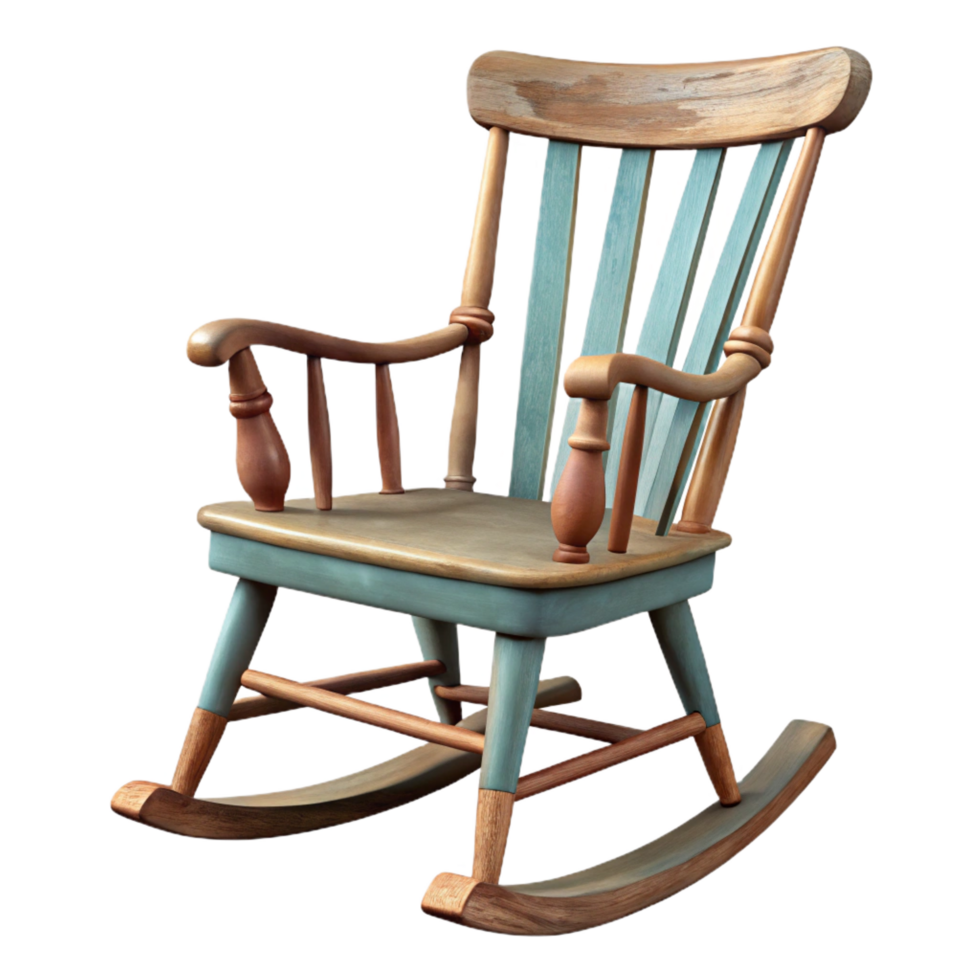 splendiinspireAntique wooden rocking chair, distressepaint finish, spindle back, side view, soft lighting, isolateon transparent background,high-resolution product photography png