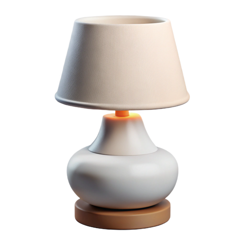 extraordinary sought-after Modern ceramic table lamp, white glaze, cylindrical shape, fabric lampshade, soft lighting, front view, isolateon transparent background,high-resolution product photography png