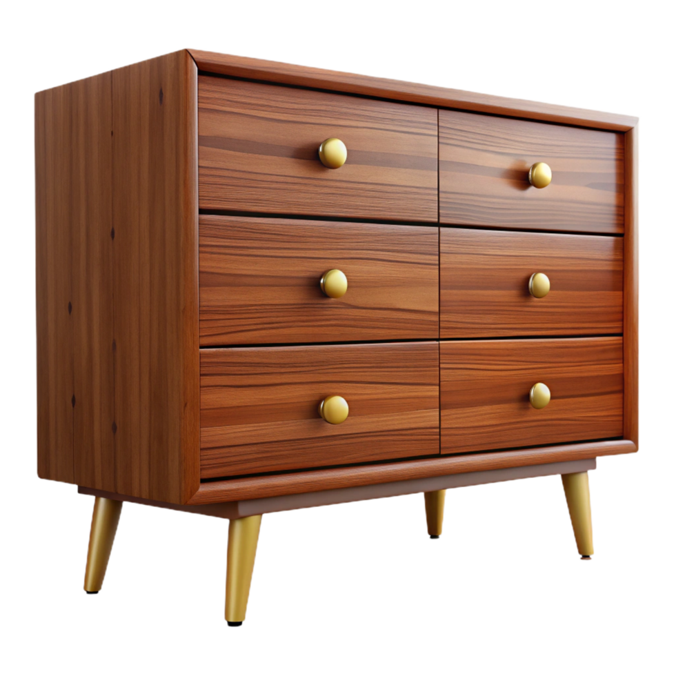 melancholic mesmerizing Mid-century modern dresser, walnut wood, six drawers, brass handles, front view, soft lighting, isolateon transparent background,high-resolution product photography original png