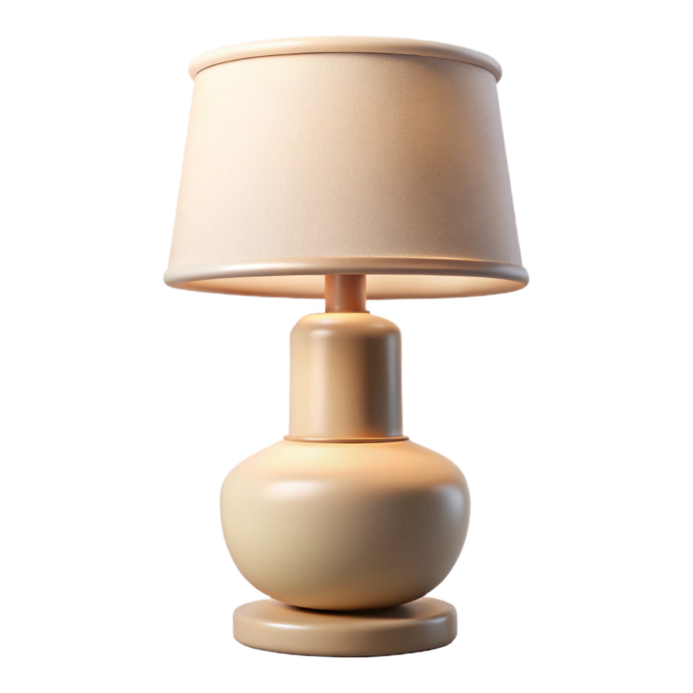immaculate distinguisheModern ceramic table lamp, white glaze, cylindrical shape, fabric lampshade, soft lighting, front view, isolateon transparent background,high-resolution product photography png