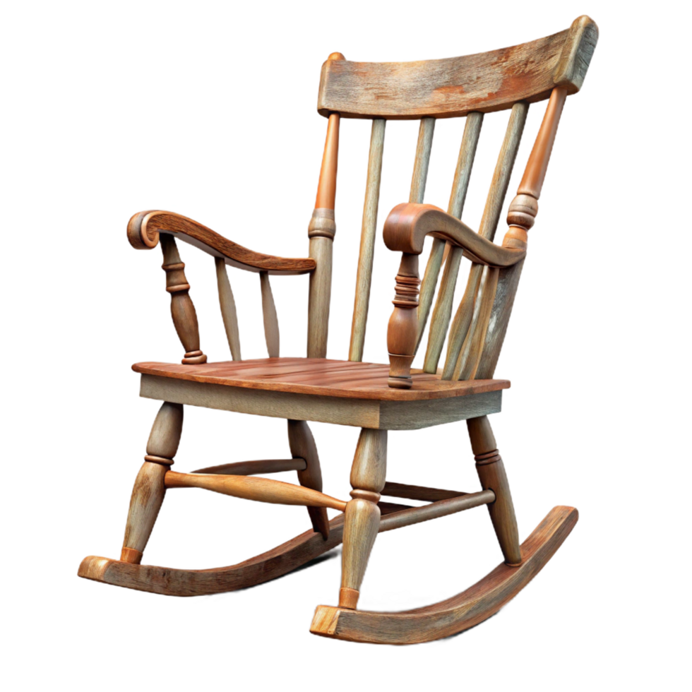 magnificent energetic minimalist Antique wooden rocking chair, distressepaint finish, spindle back, side view, soft lighting, isolateon transparent background,high-resolution product photography sharp png