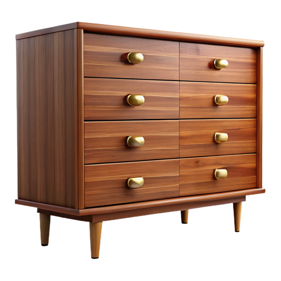 glorious bolcreative Mid-century modern dresser, walnut wood, six drawers, brass handles, front view, soft lighting, isolateon transparent background,high-resolution product photography refined png