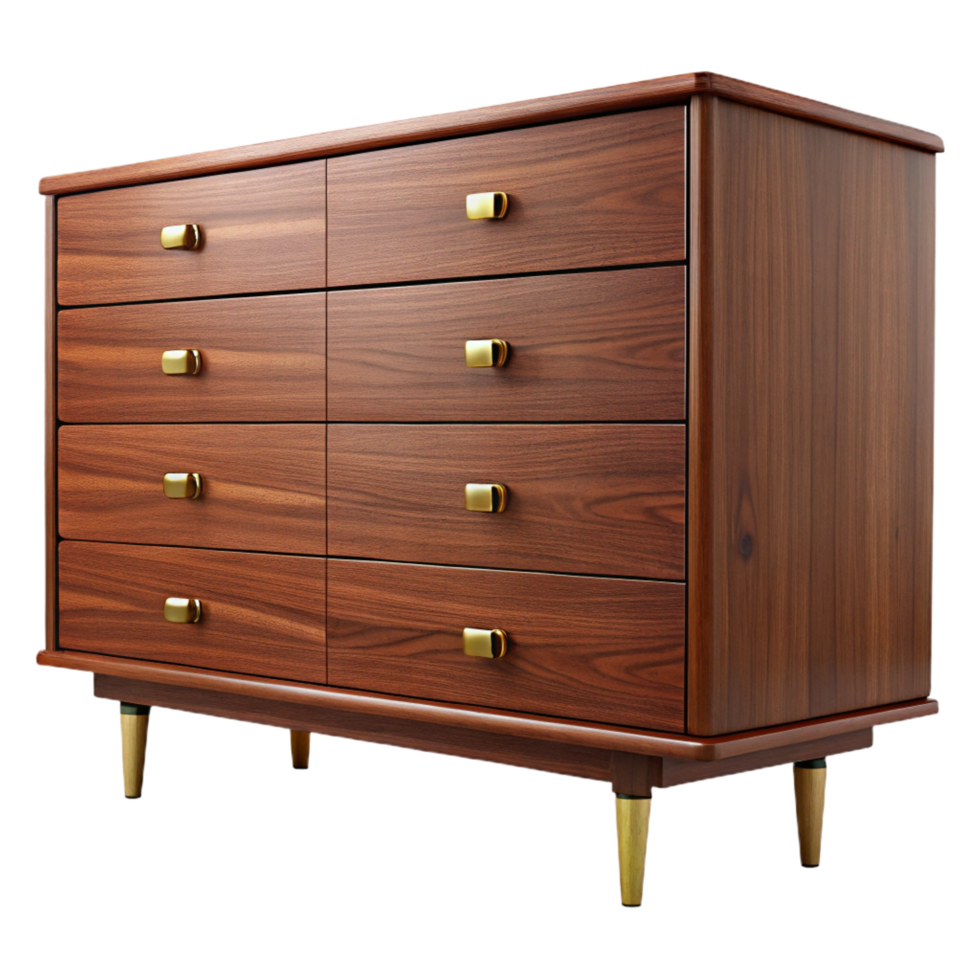 peaceful glorious Mid-century modern dresser, walnut wood, six drawers, brass handles, front view, soft lighting, isolateon transparent background,high-resolution product photography professional png