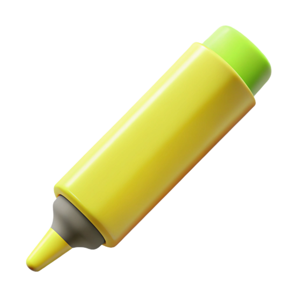 immaculate nostalgic gothic Highlighter pen, fluorescent yellow, cap off, nib visible, side view, soft lighting, isolateon transparent background,high-resolution product photography studio quality png