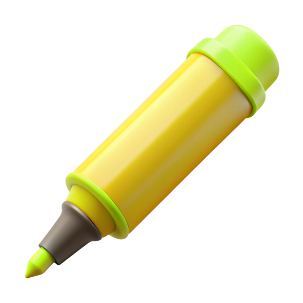 stunning notable Highlighter pen, fluorescent yellow, cap off, nib visible, side view, soft lighting, isolateon transparent background,high-resolution product photography png