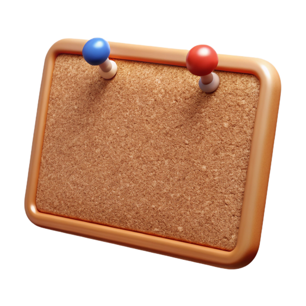 enchanting vintage Corkboard, rectangular, natural brown, several push pins stuck in it, front view, studio lighting, isolateon transparent background,high-resolution product photography flawless png