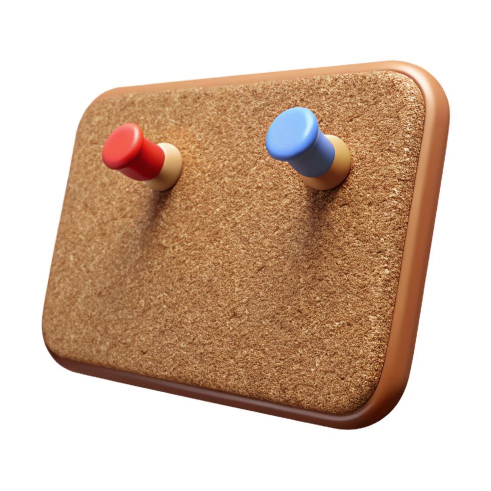 hypnotic unparalleleCorkboard, rectangular, natural brown, several push pins stuck in it, front view, studio lighting, isolateon transparent background,high-resolution product photography png