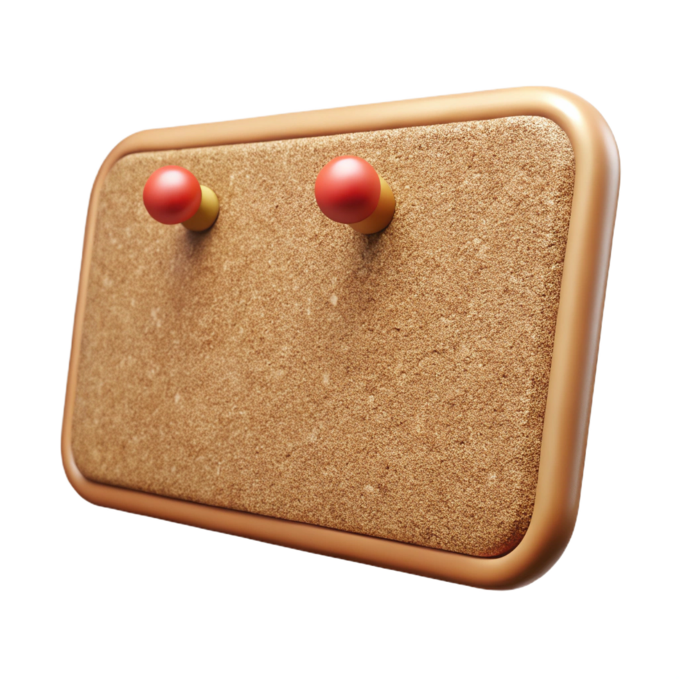 distinguishemid-century Corkboard, rectangular, natural brown, several push pins stuck in it, front view, studio lighting, isolateon transparent background,high-resolution product photography crisp png