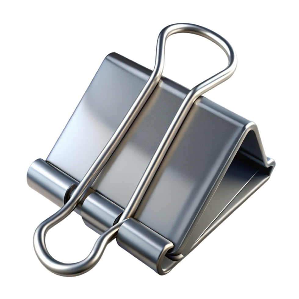 pristine reflective modern Binder clip, metallic silver, large size, open, front view, soft lighting, isolateon transparent background,high-resolution product photography elite png