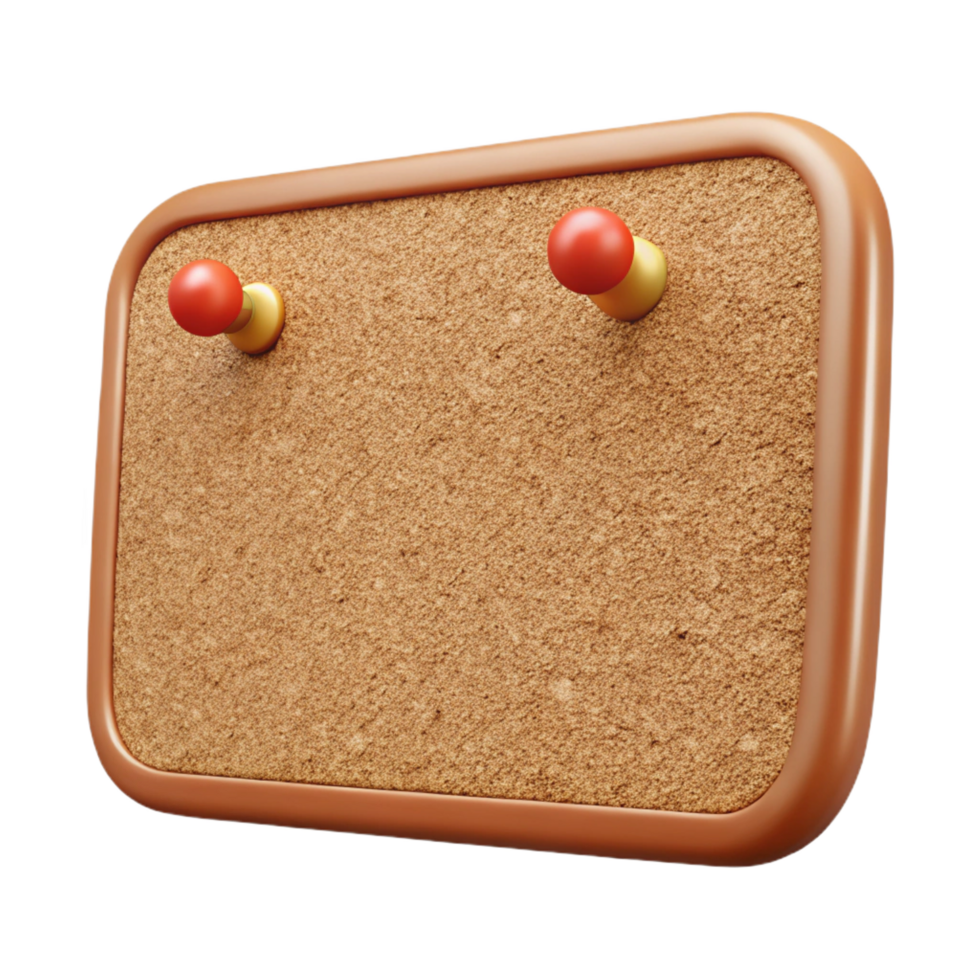 sought-after industrial Corkboard, rectangular, natural brown, several push pins stuck in it, front view, studio lighting, isolateon transparent background,high-resolution product photography premium png