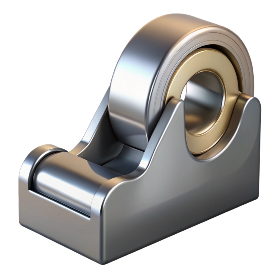 celebratetropical Tape dispenser, weighted, metallic silver, with a roll of clear tape, front view, dramatic lighting, isolateon transparent background,high-resolution product photography ultra HD png