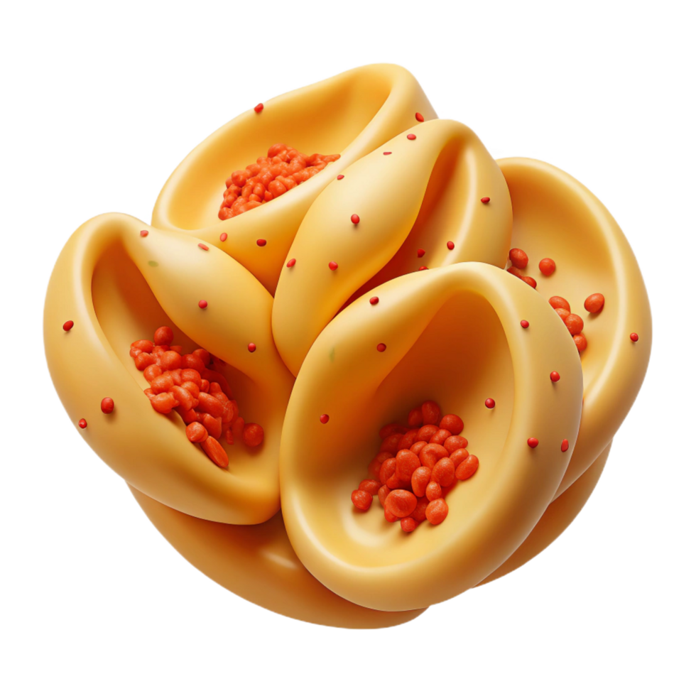 harmonious dazzling Orecchiette pasta ear, dustewith repepper flakes, studio lighting, top-down view, detaileillustration, isolateon transparent background,high-resolution product photography original png