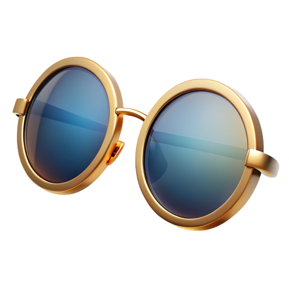 dazzling unforgettable Sunglasses with rounframes, mirrorelenses, golmetal accents, studio lighting, front view, with transparent background,high-resolution product photography png